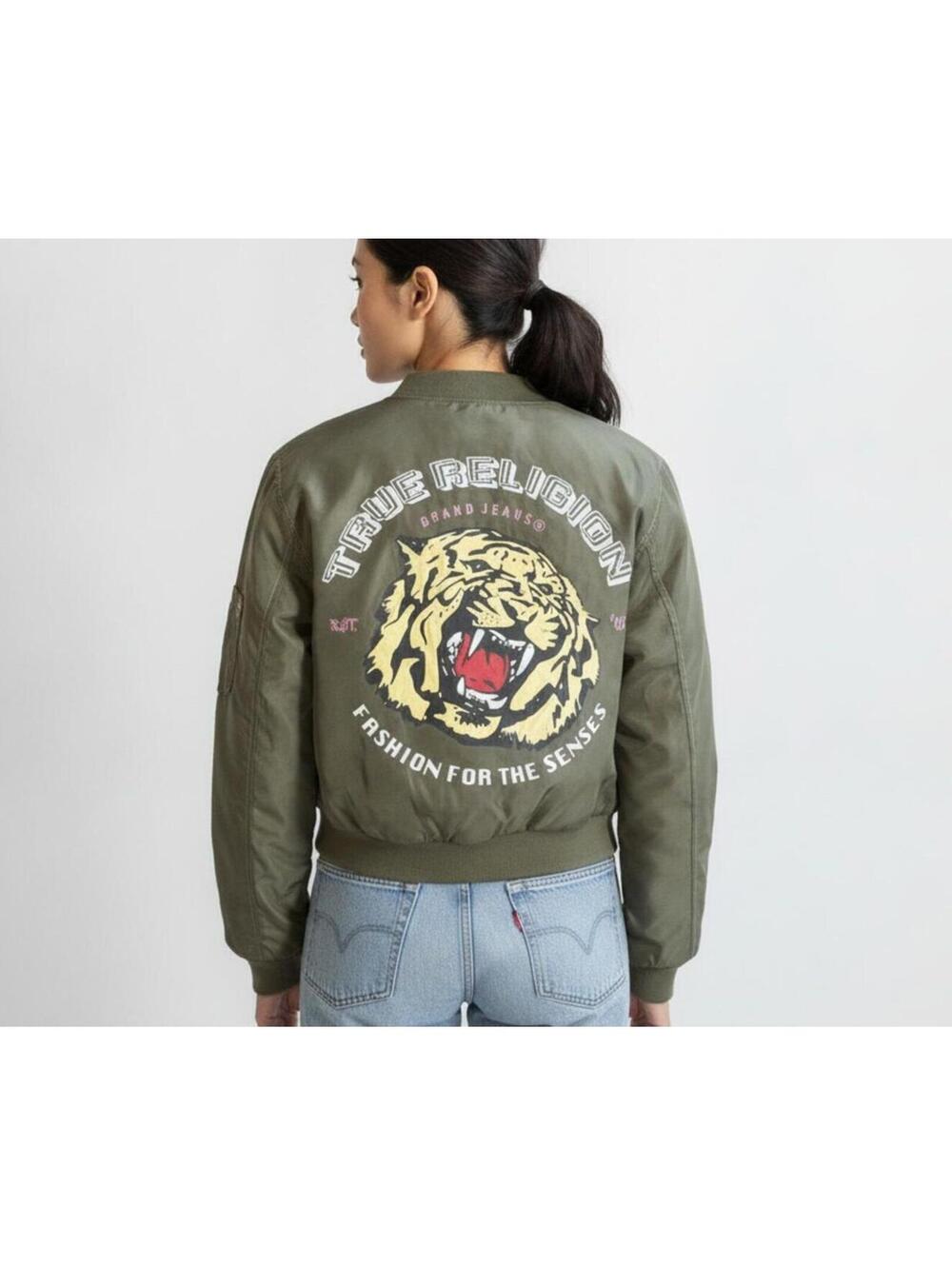 True Religion Tiger Crop Women's Bomber Jacket Kalamata Olive L/G ($244) NWT